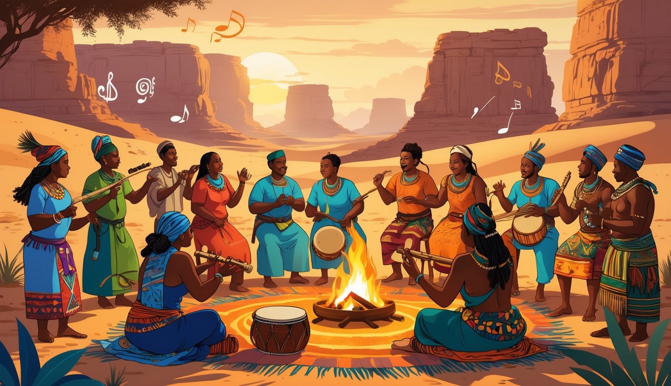 People in traditional Mauritanian clothing playing musical instruments and sharing stories around a campfire in a desert setting with sand dunes and rock formations.