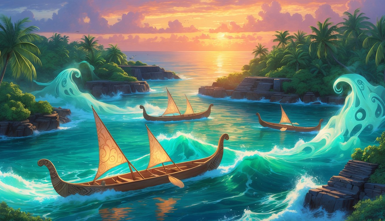 A mystical scene showing spirits rising from the ocean around the palm-covered Marshall Islands with traditional canoes and ancient stone structures in the background.