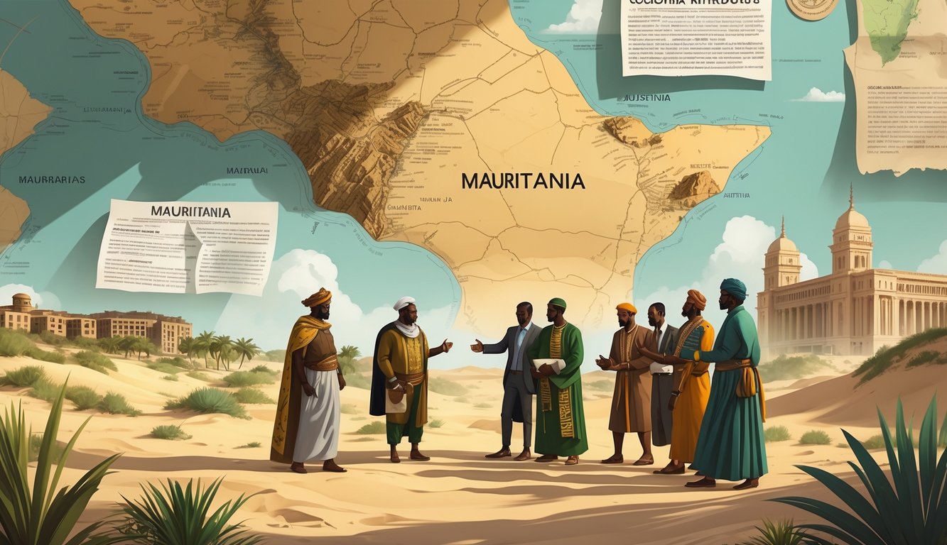 A scene showing Mauritanian people discussing political change with a background of desert landscapes, historic colonial maps, and modern buildings.