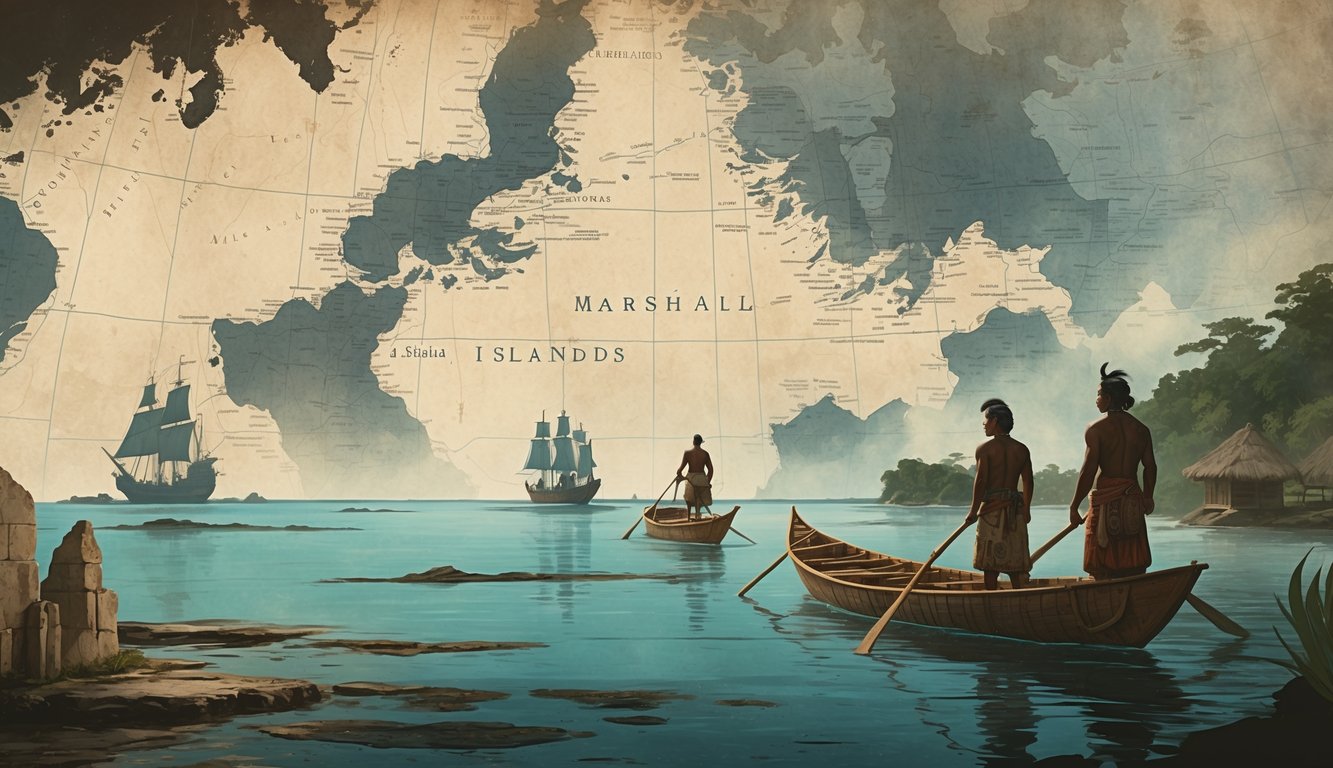 A scene showing Marshallese people in traditional canoes near coral islands with old colonial ships in the background and ancient artifacts fading into the environment.