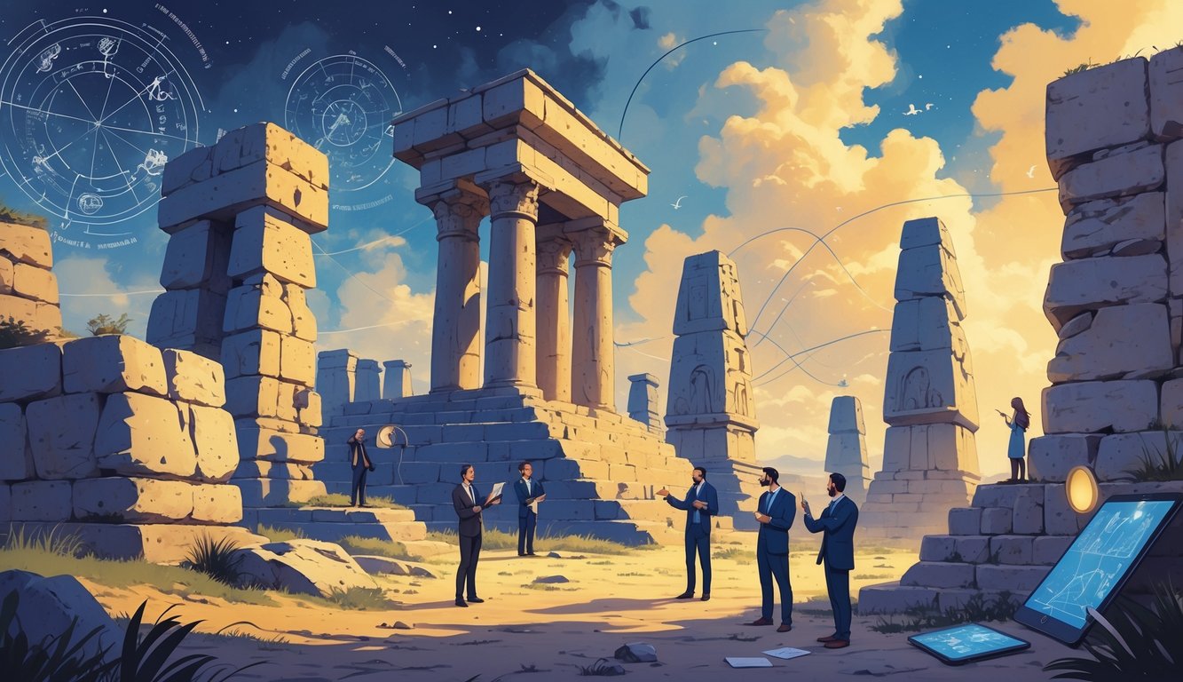 An ancient Maltese temple site with scholars examining artifacts and discussing theories under a dramatic sky.