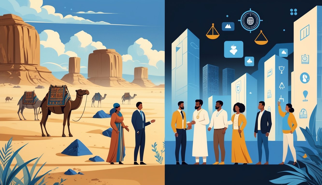 A scene showing traditional Mauritanian desert landscapes with camels alongside modern city buildings, with diverse people in traditional and modern clothing gathered together, symbolizing history, rights, and progress.