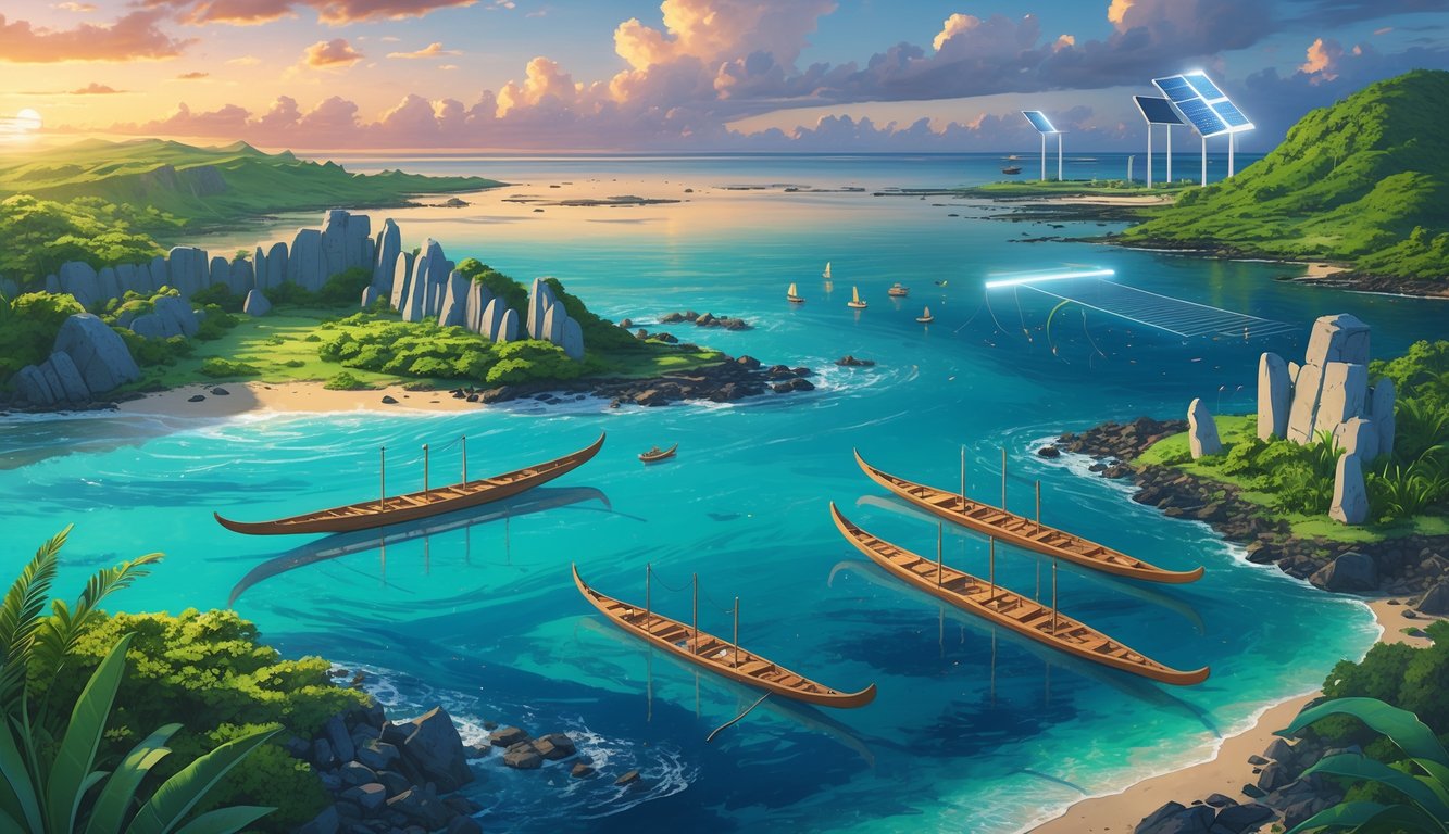 A tropical island with traditional canoes, ancient stone ruins, and carvings by the shore, alongside signs of rising sea levels and modern solar structures.