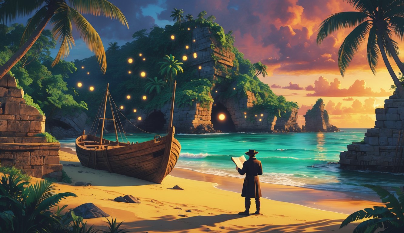 A tropical beach with an old shipwreck, ancient stone ruins covered in vines, an explorer studying a map, and a mysterious glowing forest at sunset.
