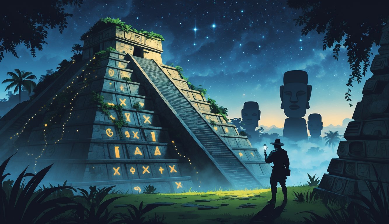 An ancient Aztec pyramid covered in vines with glowing glyphs, an explorer studying an old codex, and large Olmec head statues in the mist under a starry sky.