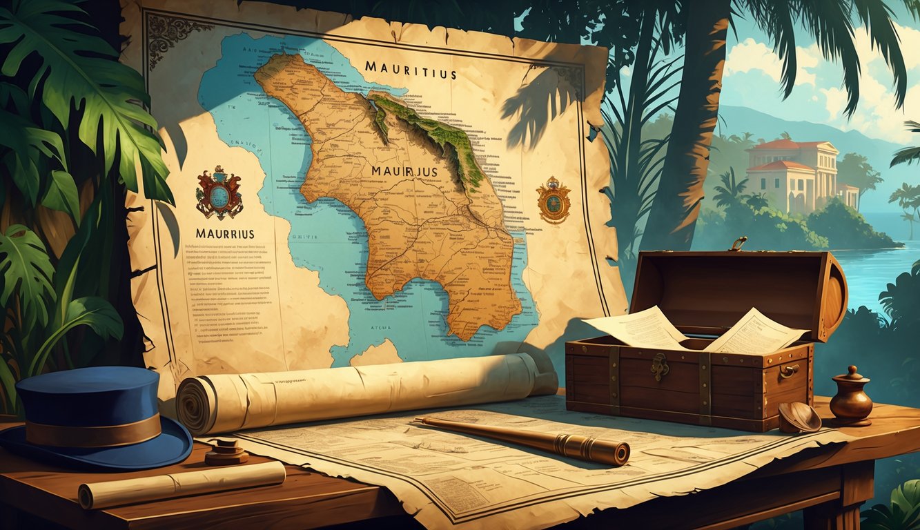 A table with an old map of Mauritius, surrounded by colonial artifacts like a hat, scrolls, and a chest with documents, set against a backdrop of tropical plants and colonial buildings.