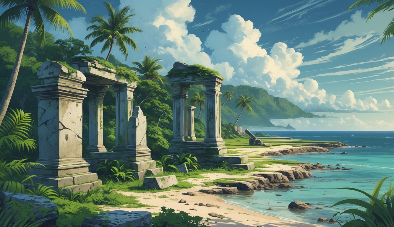 Ancient stone ruins overgrown with tropical plants near a rising sea coastline under a cloudy sky, showing abandoned monuments in Micronesia.