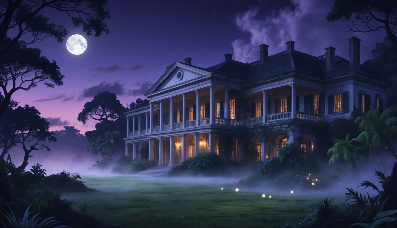 A large colonial mansion surrounded by dense tropical gardens under a misty twilight sky with a full moon and faint ghostly figures in the shadows.