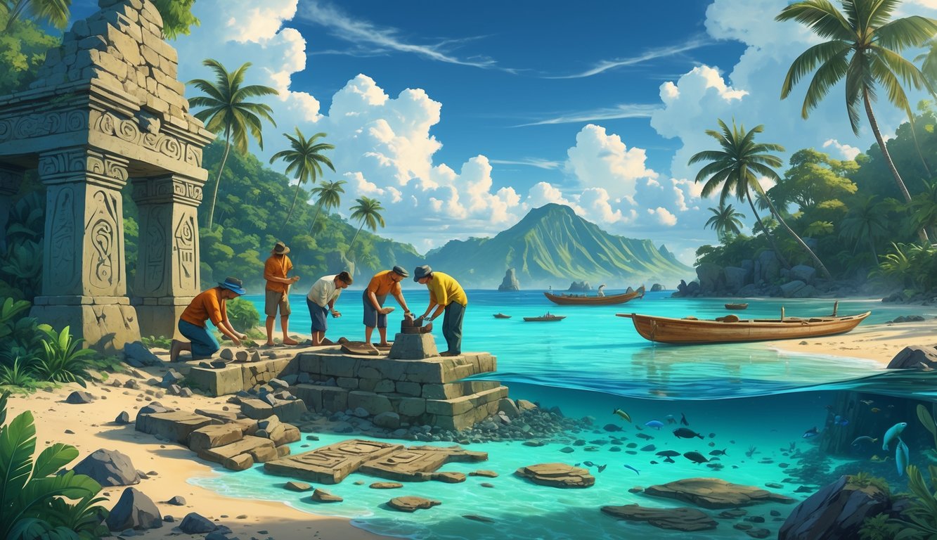 Scientists exploring ancient Micronesian ruins and artifacts on a tropical island with palm trees, clear blue water, and volcanic mountains in the background.
