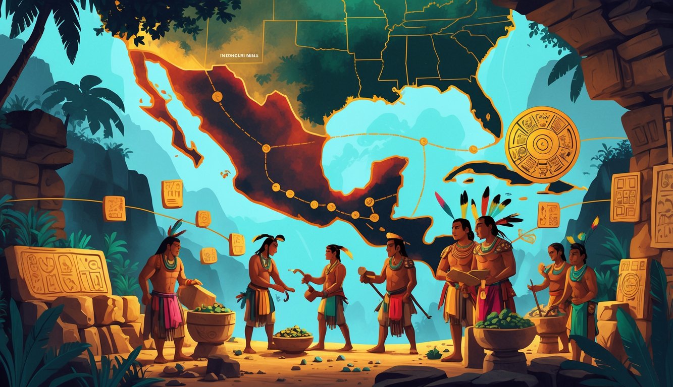 A scene showing ancient Mexican merchants exchanging goods along trade routes with ruins, jungles, and symbolic communication elements around them.