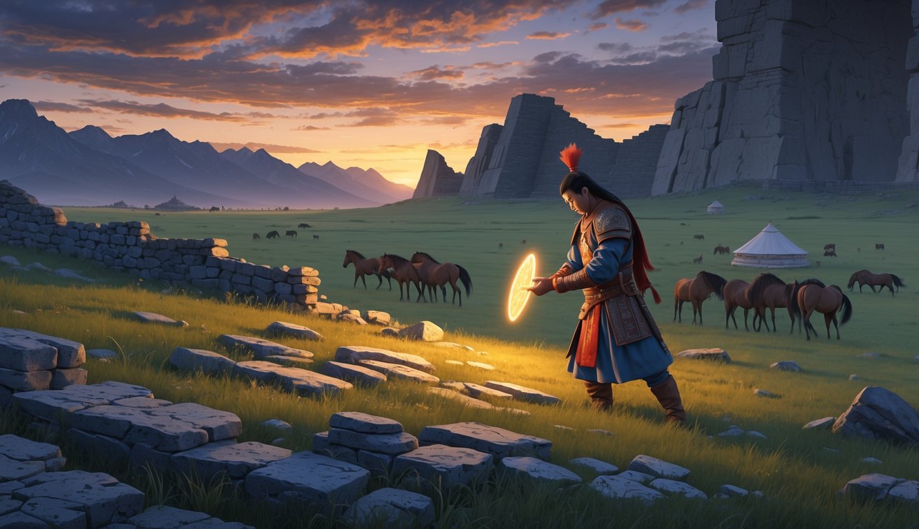 A Mongolian warrior examining an ancient glowing artifact in a vast steppe with ruins, mountains, and wild horses nearby.