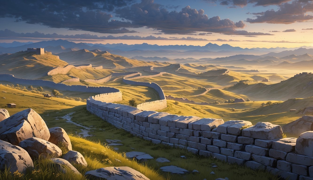 An ancient stone wall stretches across rolling hills in Eastern Mongolia with yurts and mountains in the distance under a dawn sky.