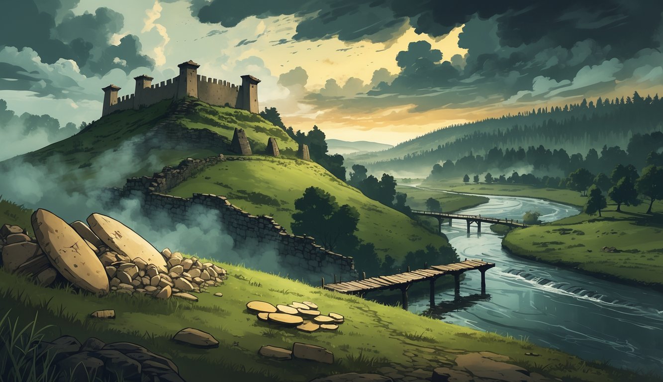 A misty hilltop fortress ruin near an archaeological site with ancient artifacts, a dense forest with shadowy figures, and a winding river with a wooden bridge under a dramatic sky.