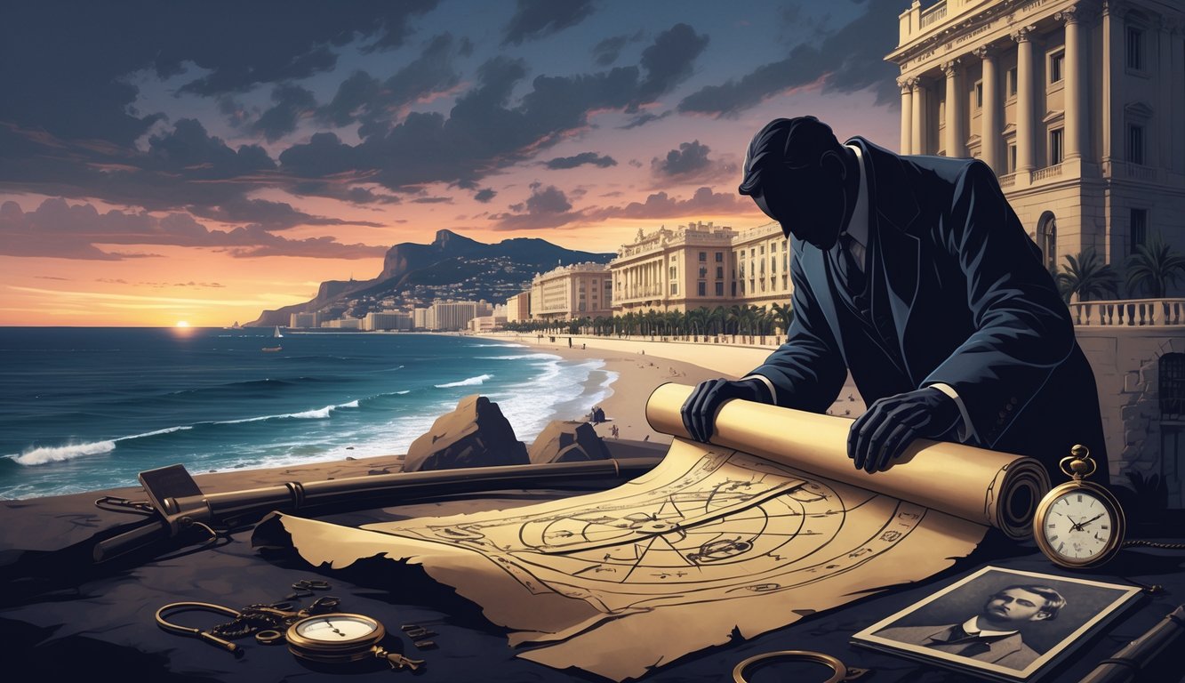 A coastal scene in Monaco with the Prince's Palace in the background and a person examining an old map surrounded by historical landmarks and mysterious artifacts.
