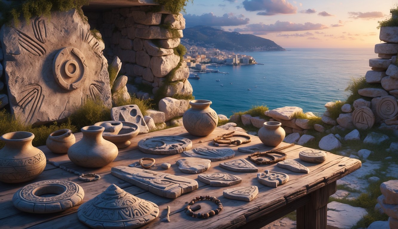 A scene showing ancient artefacts and prehistoric puzzles on a table near old stone ruins with the Monaco coastline in the background at twilight.