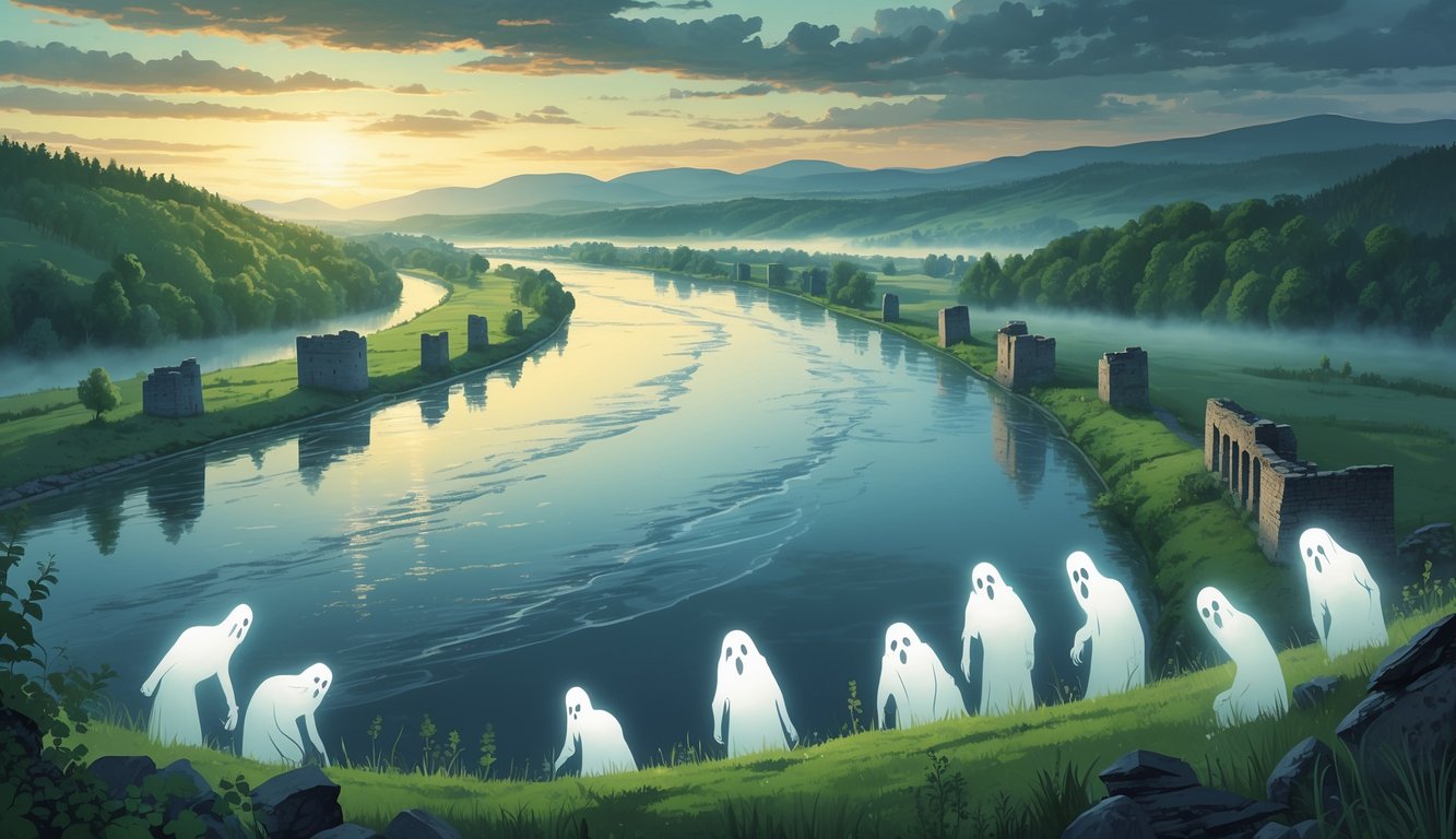 A wide river winding through green hills with ancient ruins and faint ghostly figures along the banks under a dawn sky.