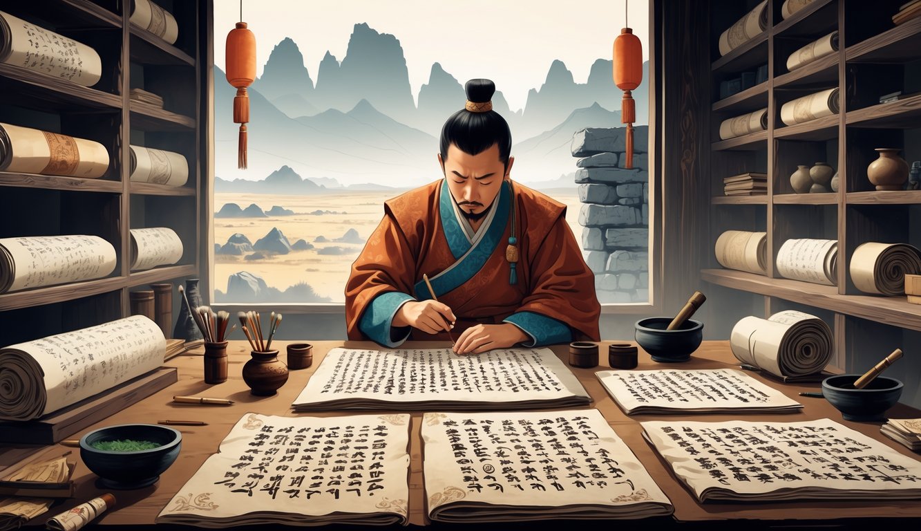 A Mongolian scholar in traditional clothing examines ancient manuscripts and stone tablets in a study room with shelves of scrolls and a window showing the Mongolian steppes and ruins.