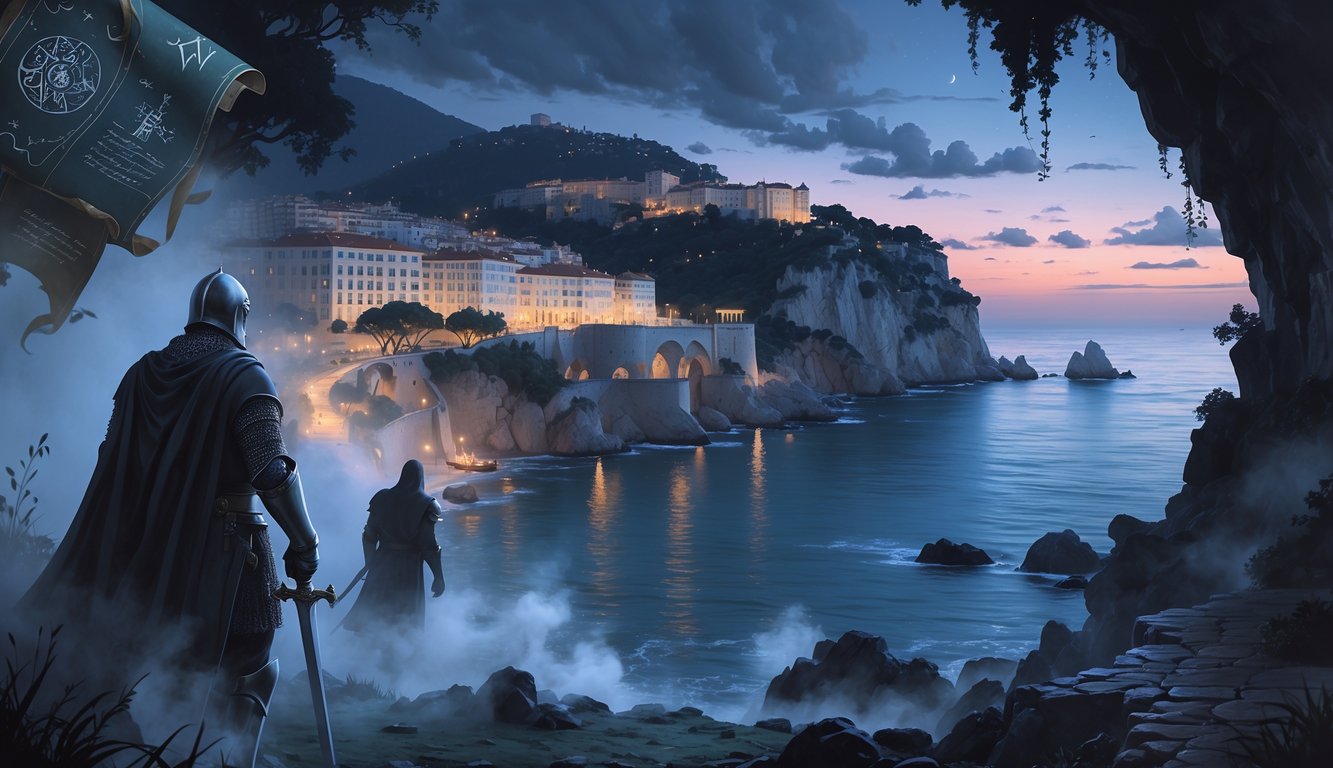 A nighttime coastal scene of Monaco with the Prince's Palace on a cliff, ghostly figures of a knight and sea creature emerging from mist, ancient scrolls and maps floating nearby, and glowing symbols illuminating caves in the cliffs.