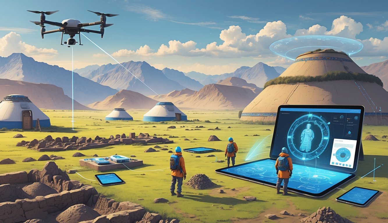 Archaeologists using drones, ground-penetrating radar, and digital tablets to explore ancient Mongolian burial mounds and ruins on the steppe with mountains in the background.