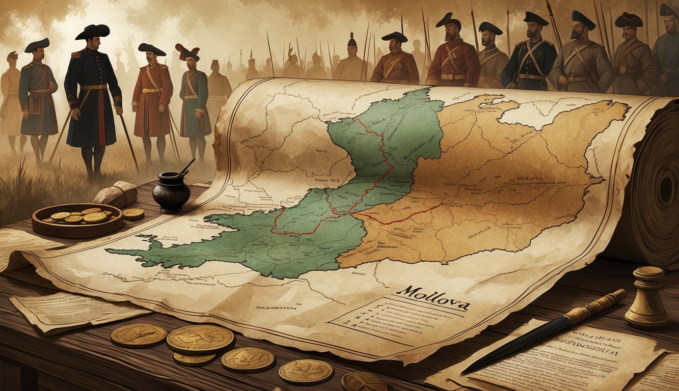 An old map of Moldova with changing borders, surrounded by historical artifacts and faint figures representing different historical periods.