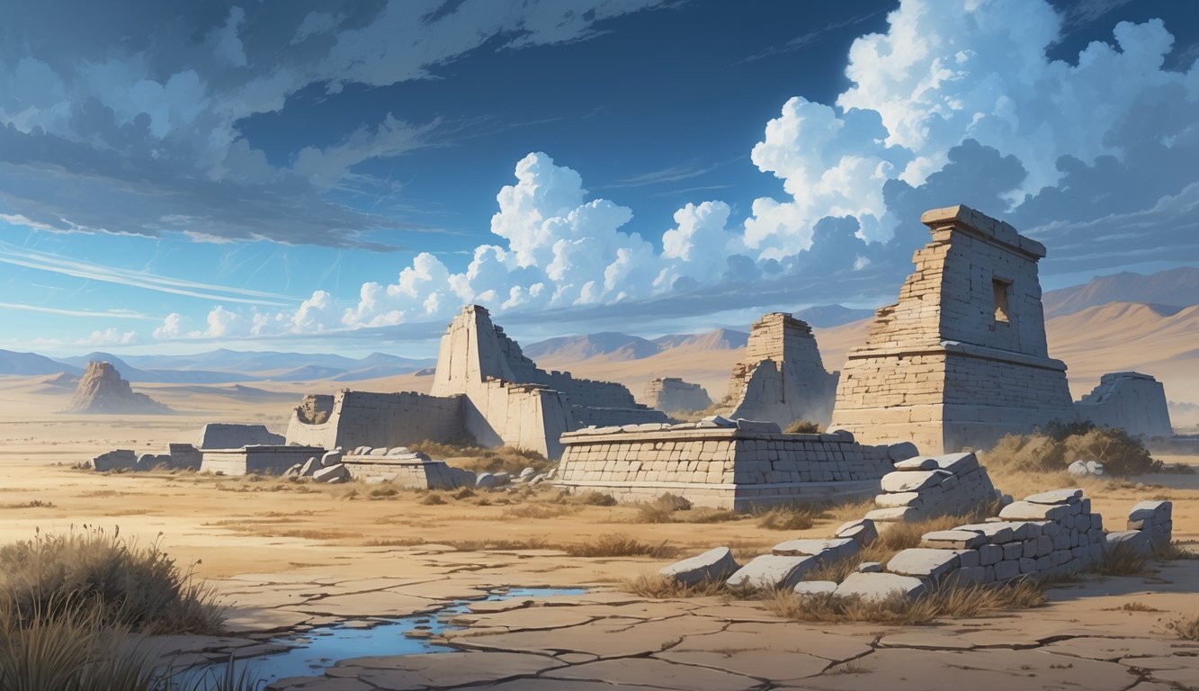A landscape of ancient Mongolian ruins showing weathered stone structures surrounded by dry grass, with dust, wind, and storm clouds in the sky.