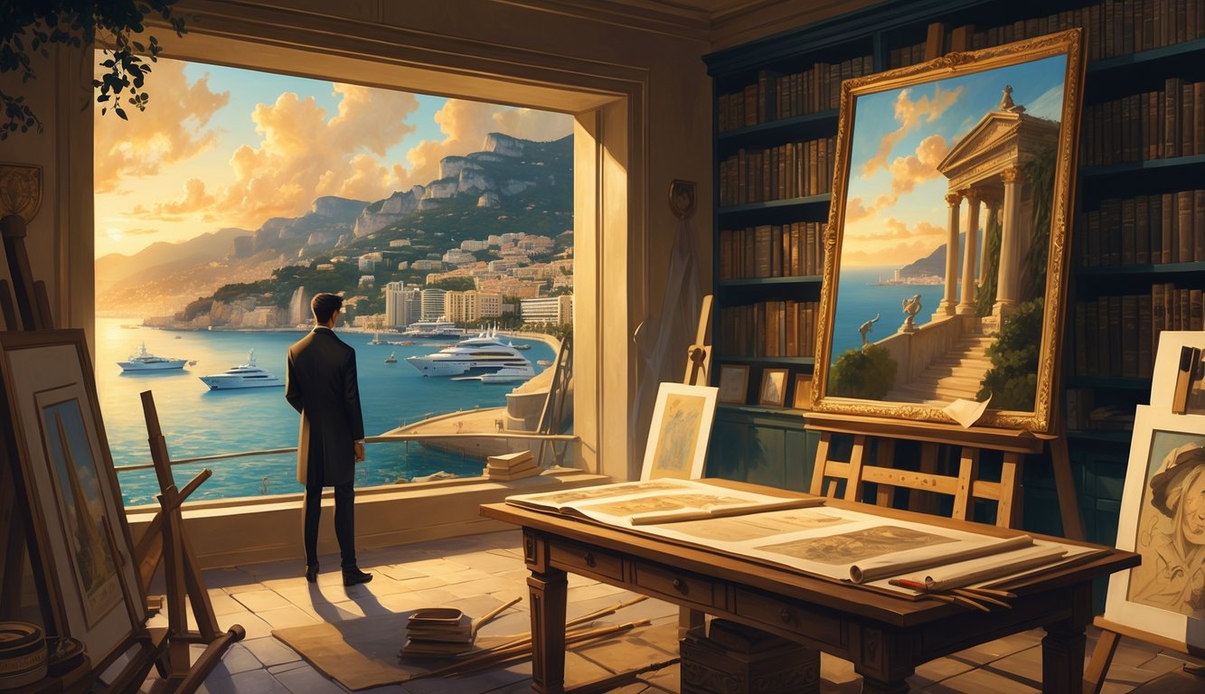 An artist’s studio filled with paintings and ancient manuscripts overlooking Monaco’s coastline at sunset, with shadowy figures and hidden artifacts suggesting secret mysteries.