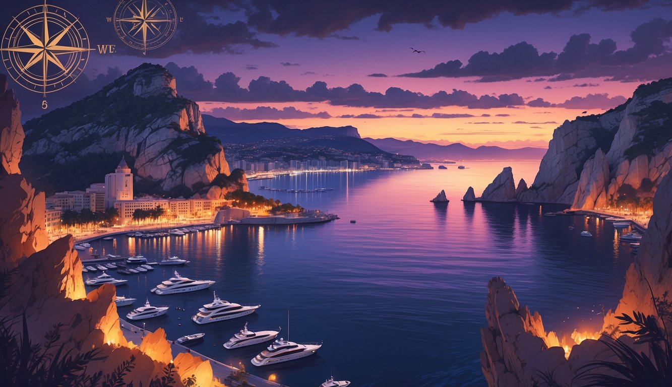 A twilight view of Monaco's coastline with yachts in the harbor, ancient stone ruins near the city, glowing symbols on cliffs, and faint ghostly figures suggesting historical mysteries.