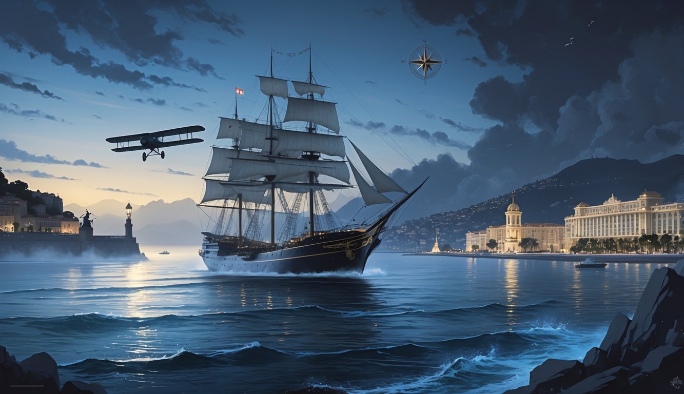 A coastal scene of Monaco with a vintage sailing ship near the harbor and an early biplane flying over the sea, with the Prince's Palace and Monte Carlo Casino in the background at twilight.