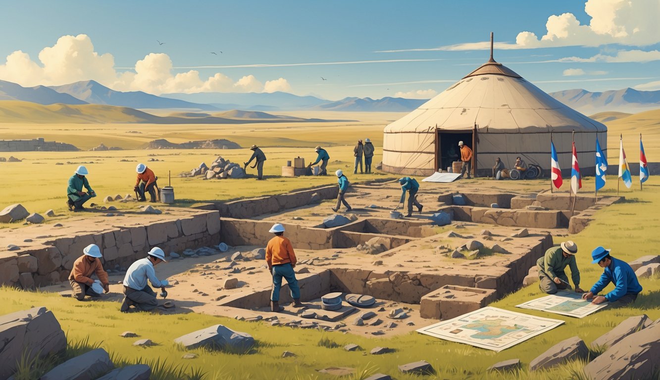 A group of international archaeologists working together at an excavation site in the Mongolian steppe, uncovering ancient artifacts near a traditional ger with mountains in the background.
