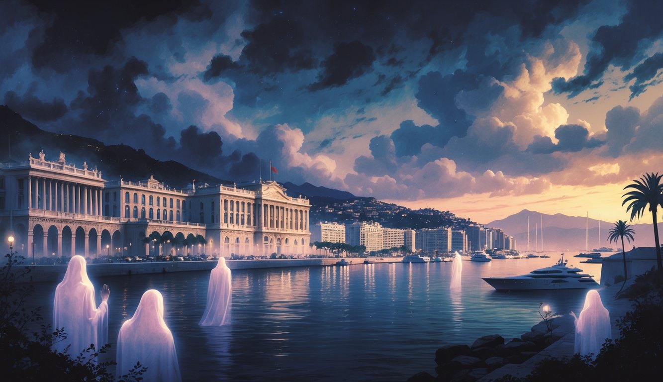 A misty nighttime view of Monaco's landmarks with ghostly figures and mysterious symbols appearing around the buildings under a dramatic cloudy sky.