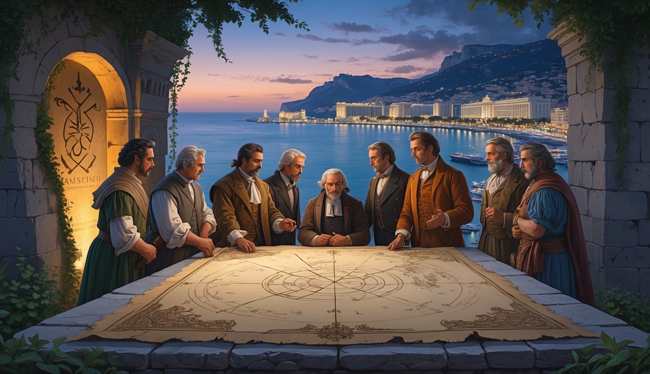 A group of historical figures gathered around an ancient map in Monaco, with landmarks and mysterious stone ruins in the background under a twilight sky.