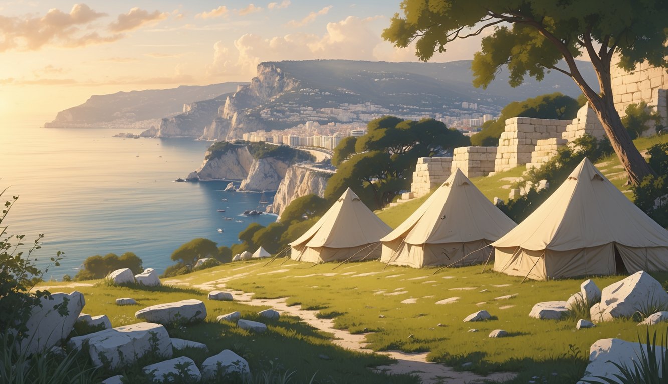 A campsite with tents near ancient stone ruins on a grassy hillside overlooking the sea and Monaco's coastline at sunset.