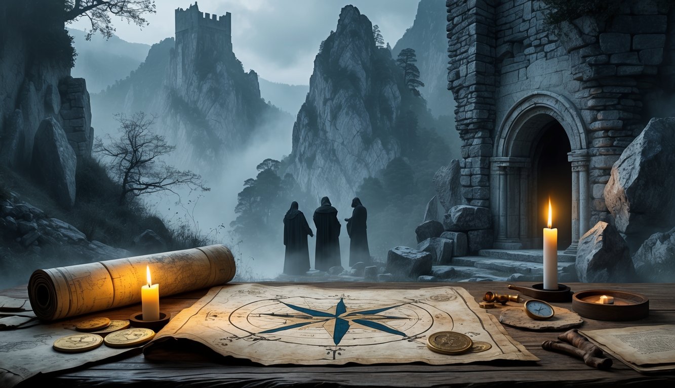 A misty mountainous landscape in Montenegro with ancient stone ruins, medieval castles, an old map on a wooden table, archeological tools, and shadowy figures near a crypt entrance.