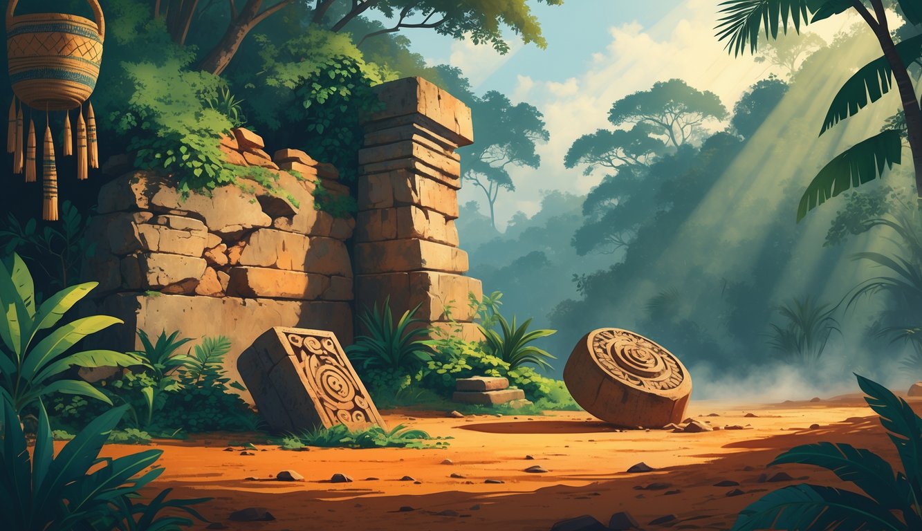 An ancient stone ruin overgrown with tropical plants, a carved artifact half-buried in red soil, and a misty forest in the background representing historical mysteries in Mozambique.