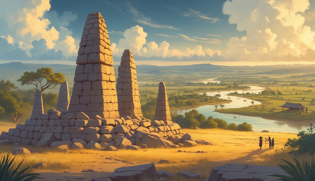 Stone ruins of Great Zimbabwe with a Mozambican landscape in the background, including villages, rivers, and greenery, symbolizing historical connection and mystery.