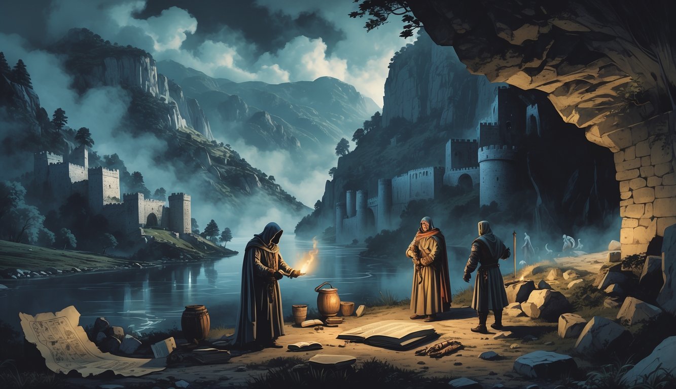A medieval mountainous landscape in Montenegro with ancient castles, a knight, a scholar examining scrolls, and shadowy figures near a cave, evoking mystery and historical secrets.