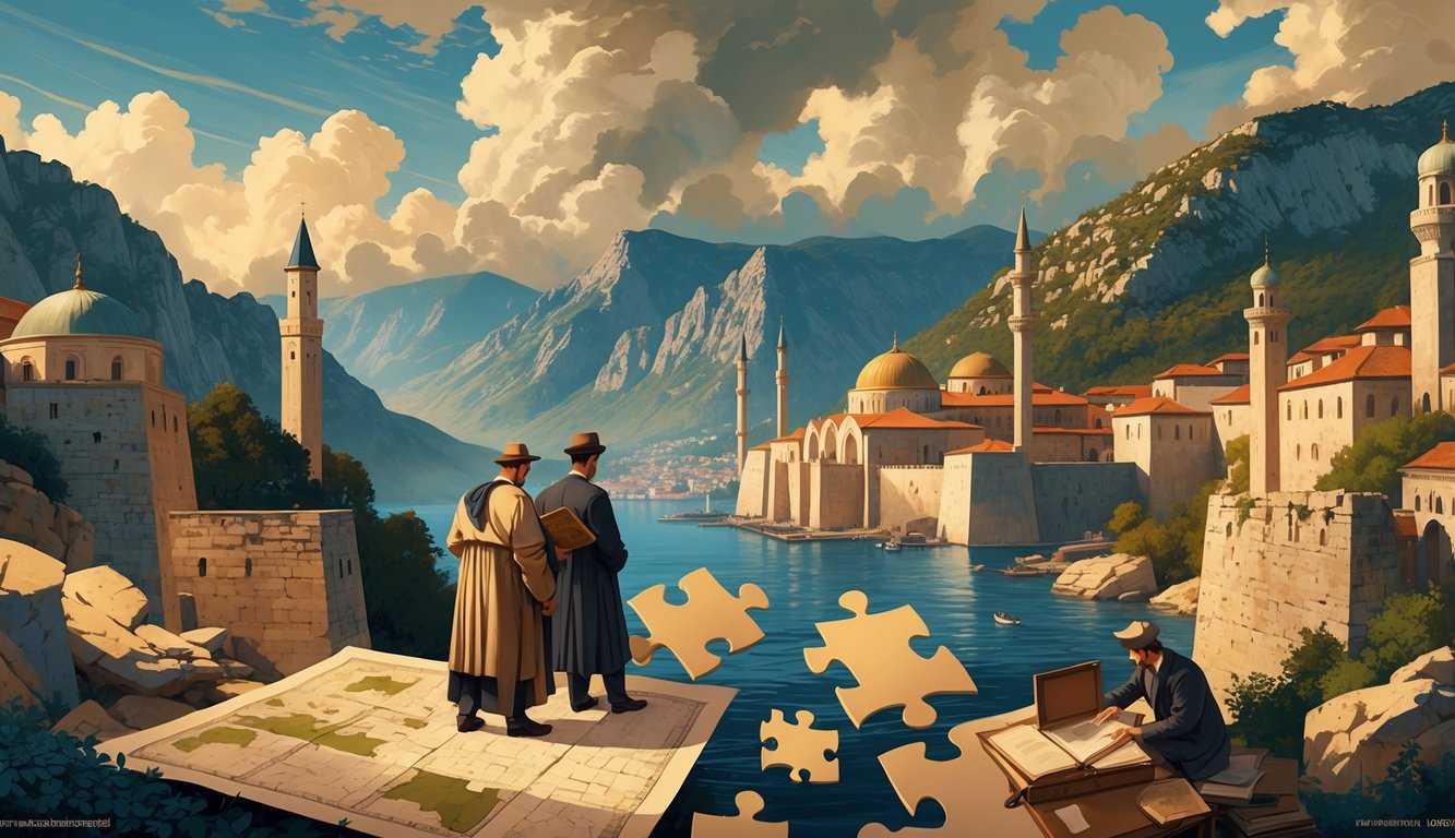 A panoramic view of Montenegro's mountains with Ottoman-style buildings and ancient fortresses, historians examining maps and artifacts, and symbolic puzzle pieces representing historical mysteries.