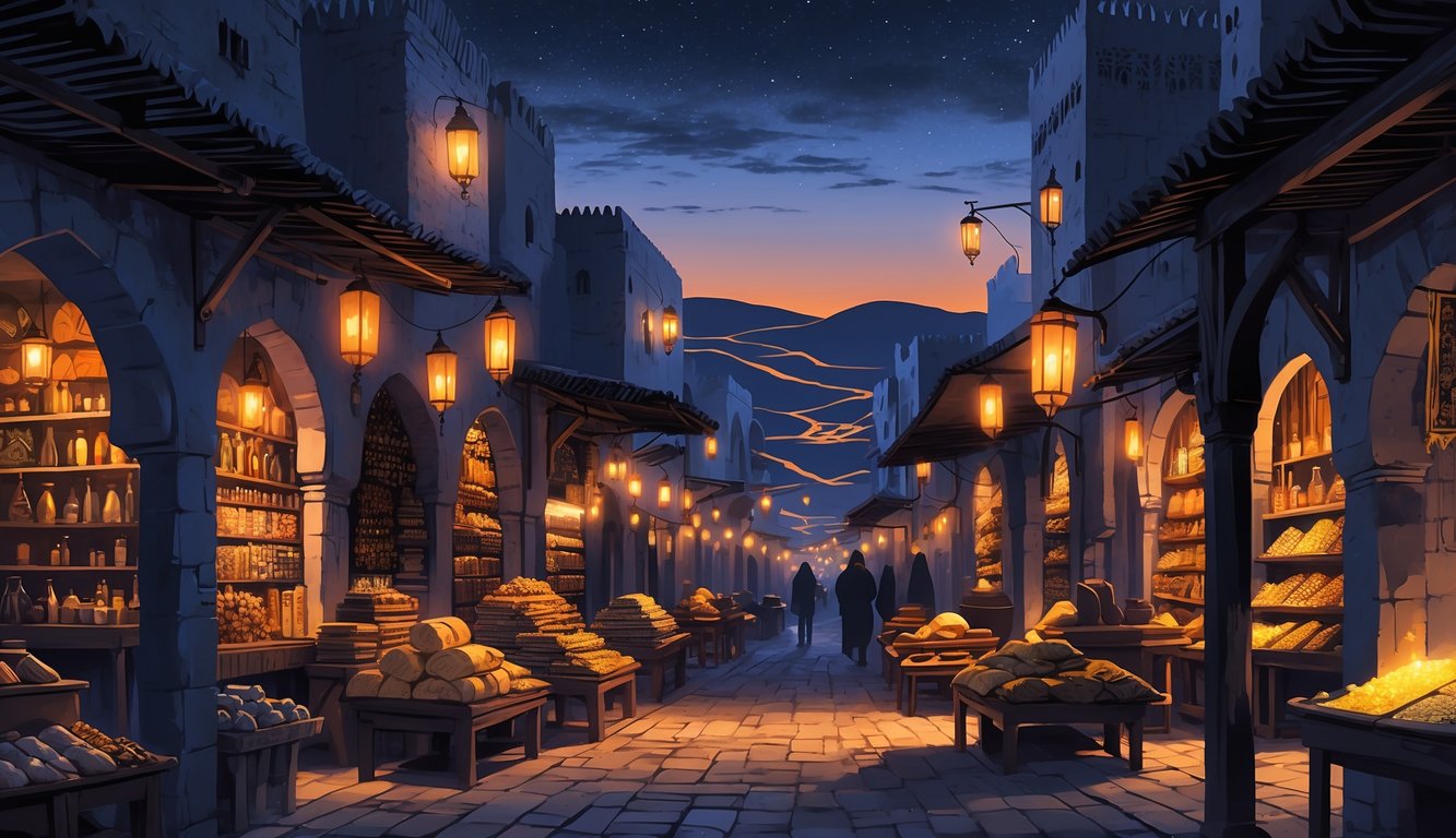 A narrow Moroccan market street at dusk with lanterns lighting ancient stalls filled with textiles and spices, set against a desert backdrop with golden dunes.