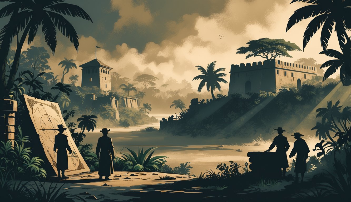 A landscape showing old colonial buildings overgrown by jungle, with ghostly figures of colonial and indigenous people and ancient artifacts scattered around, evoking historical mysteries in Mozambique.