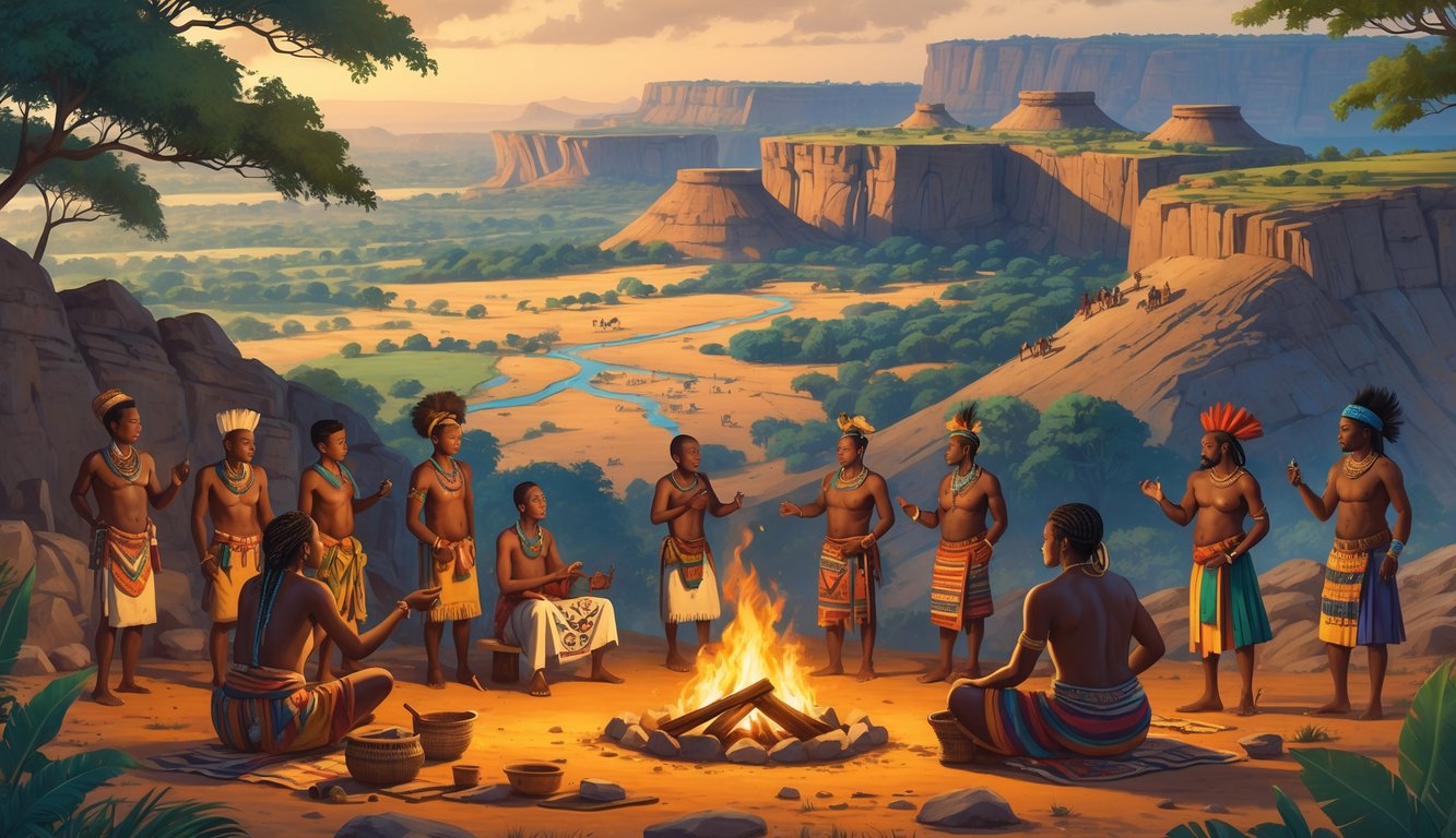 A diverse group of people in traditional clothing gathered in a Mozambican landscape with huts, rock paintings, and a map showing migration paths, engaged in cultural activities around a fire.