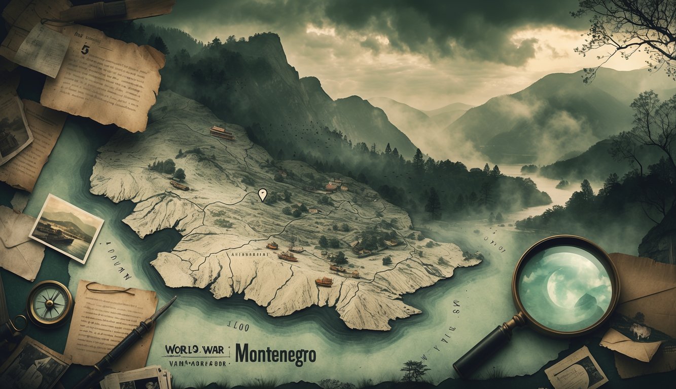 A map of Montenegro with old photographs, letters, and a compass on a table, set against a misty mountainous landscape, evoking mystery and wartime history.