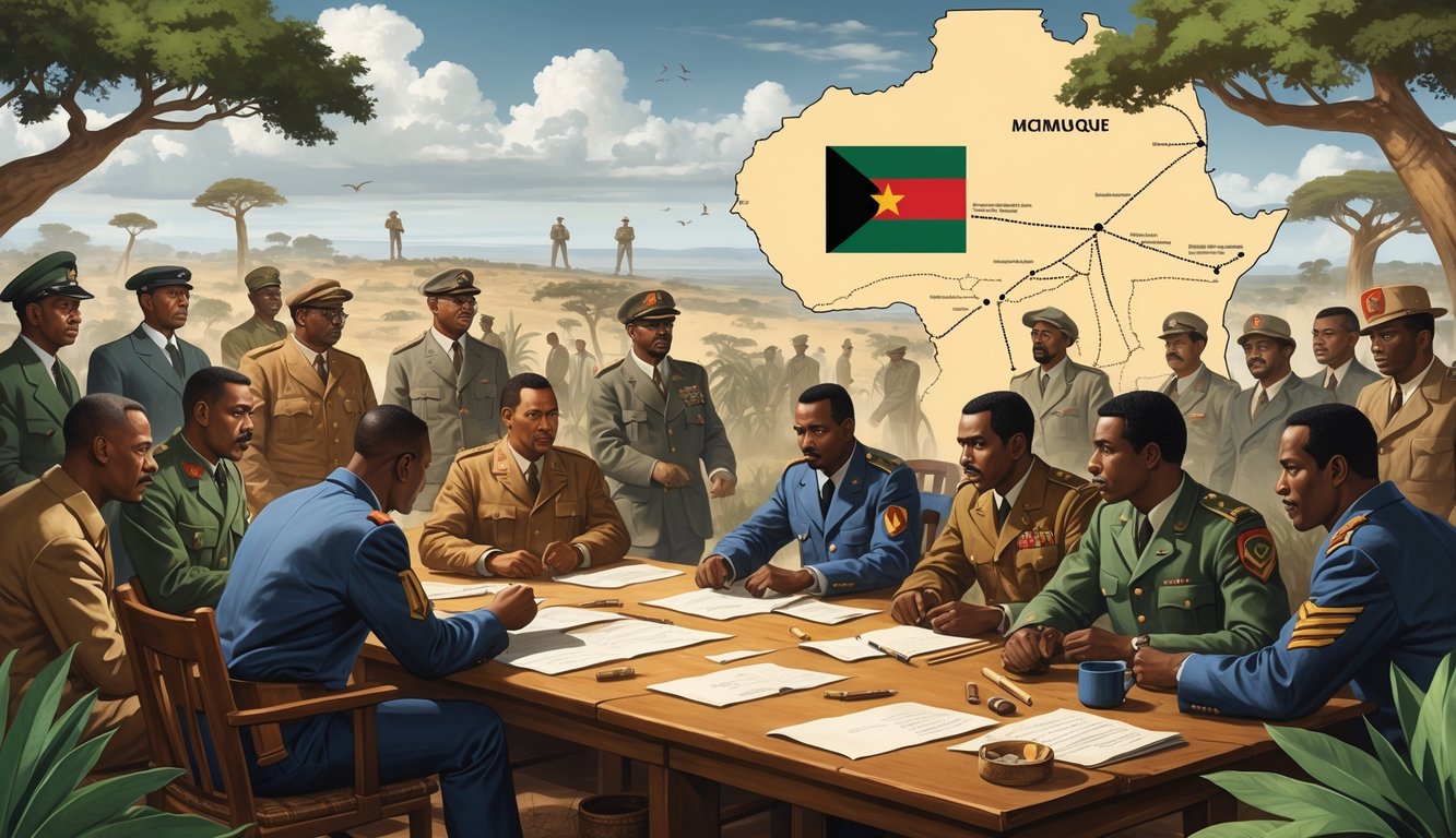 A group of Mozambican freedom fighters and leaders gathered outdoors, discussing plans with a map of Mozambique in the background, surrounded by natural landscapes and symbolic elements representing the country's struggle for independence.