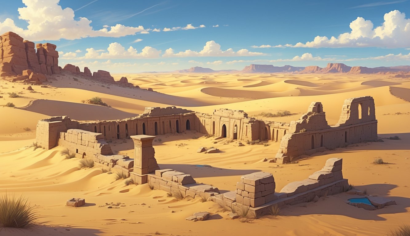 A desert landscape with sand dunes and ancient ruins partially buried in the sand, showing remnants of a lost civilization in Morocco.