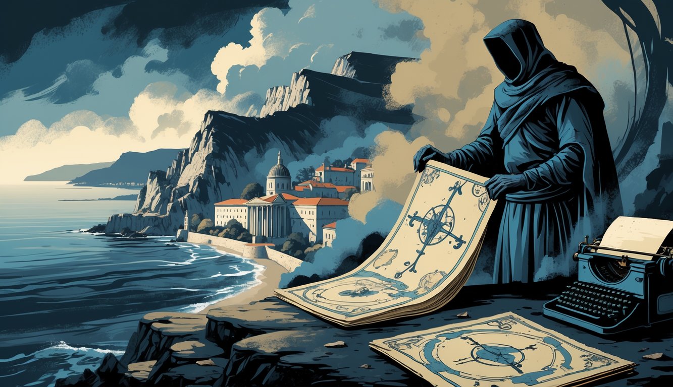 A coastal scene of Montenegro with cliffs and the sea, showing a person holding a map, an ancient manuscript, and a historic building in the background surrounded by fog and abstract shapes.