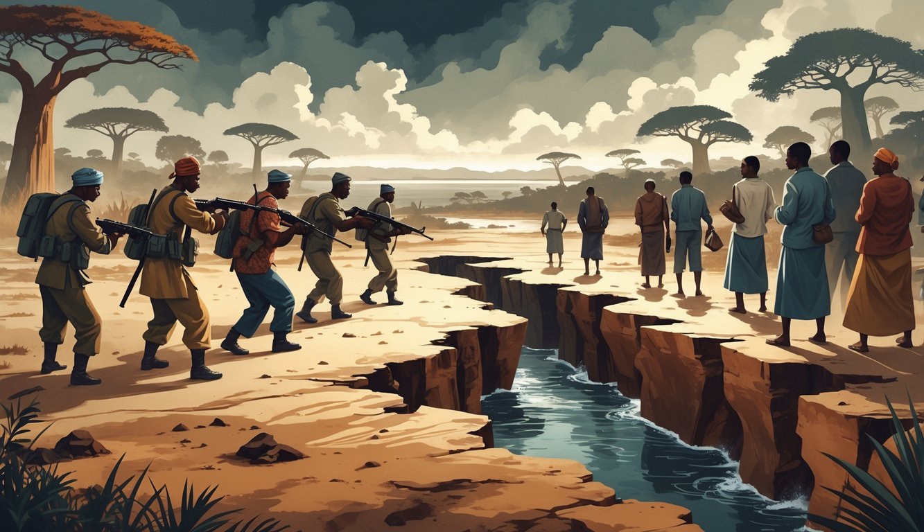 A divided map of Mozambique with armed groups on one side and displaced civilians on the other, set against a stormy sky and a landscape featuring baobab trees and coastal areas.