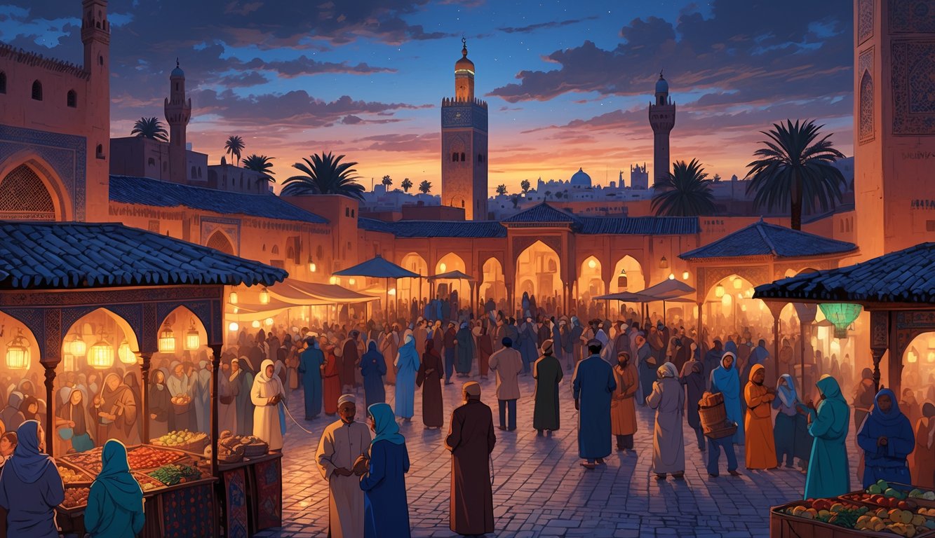 A lively Moroccan square filled with people, snake charmers, storytellers, market stalls, and traditional buildings at dusk.