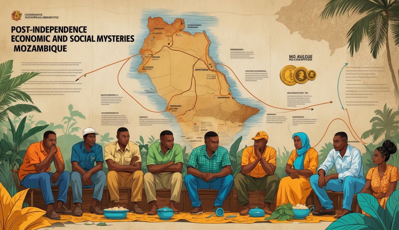 A group of Mozambican people from different backgrounds stand thoughtfully in front of a map of Mozambique with symbols representing economic and social challenges after independence.
