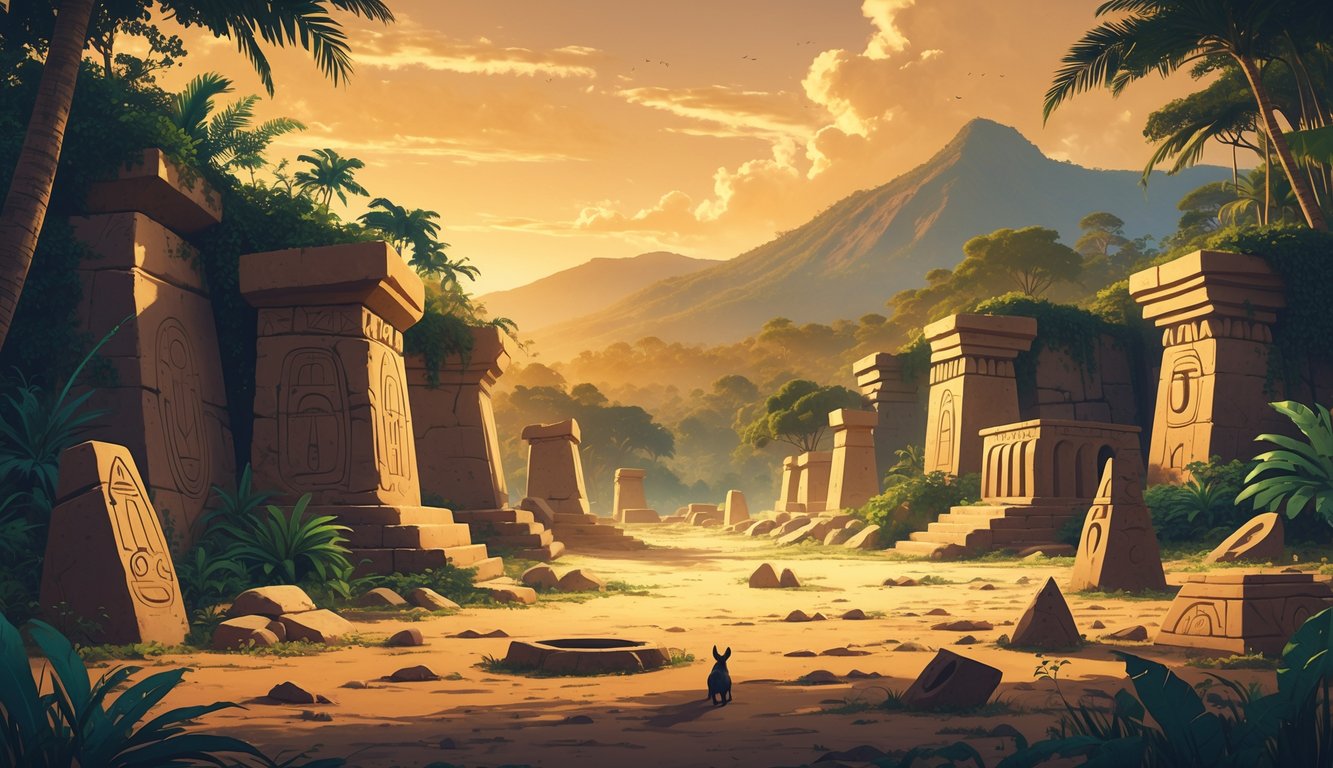 An ancient archaeological site in Mozambique with large stone monuments and scattered cultural artifacts surrounded by dense forest and mountains.