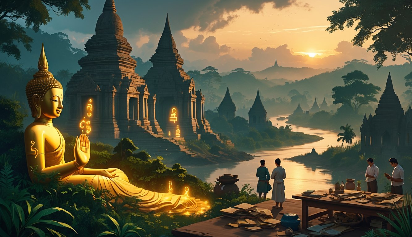 A scene showing ancient temples and pagodas in a jungle with a half-buried golden Buddha statue, people examining artifacts, and a river flowing through green hills under a dawn sky.