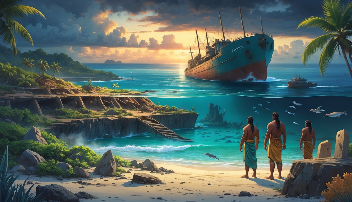 An island scene showing ancient mining ruins, a partially submerged shipwreck near coral reefs, and indigenous people examining stone artifacts, set against a dramatic sunset sky and surrounded by tropical plants and ocean.